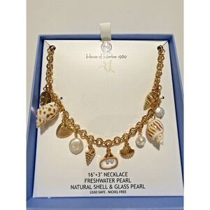 House of Harlow 1960 Gold Shell Charm Necklace Freshwater Pearl Coastal 16"+3" N